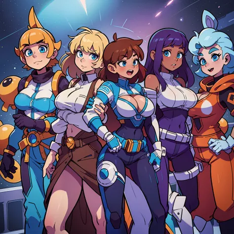 a reimagined space team in another world in their own dimension, large breasts, cute, amazing, sexy