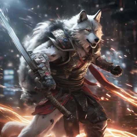 (High-speed shutter:1.1), (Long exposure:1.1), (light trail:1.1) Digital masterpiece of a wolf in a samurai costume. This muscular wolf, Straight from the cyberpunk story, Dressed in pristine white armor. While pulling out a realistic Japan sword, The aura...