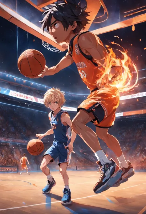 illustration｜Professional basketball court and football field division，A ball in the middle，On the left is a basketball, and on the right side is a soccer ball，The person on the left is holding a basketball，The right leg plays football。Fiery confrontation，...