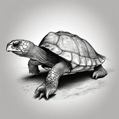 turtle walking against a white background, masterpiece, drawing, sketch style, monochrome scheme, simple background, minimalist images, photography installations, paleocore, hyper-realistic, poetic intimacy