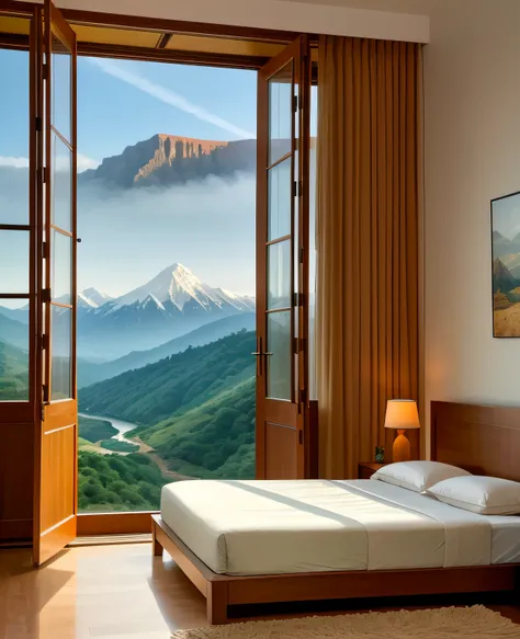 The cliffs outside the window and the distant peaks are the main elements，Create a bedroom scene with beautiful views。