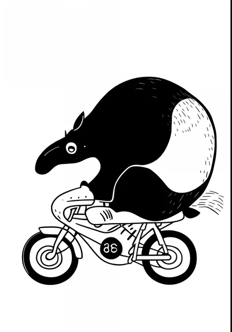 A cartoon tapir riding a bicycle wearing a helmet,  Black and white illustration,  Hand drawn illustrations, A illustration, black and white vector art