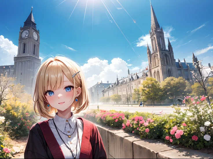 absurderes, ultra-detailliert,bright colour, extremely beautiful detailed anime face and eyes, view straight on, ;D, shiny_skin,25 years old, Short hair, , asymmetrical bangs, Blonde hair with short twin tails, Shiny hair, Delicate beautiful face, red blus...