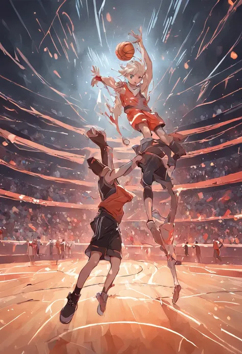 illustration｜Professional basketball court and football field division，A ball in the middle，On the left is a basketball, and on the right side is a soccer ball，The person on the left is holding a basketball，The right leg plays football。Fiery confrontation，...