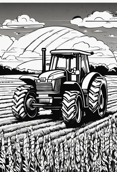 Coloring page for kids, tractor, The tractor stopped in the wheat field. , The setting sun is in the background, casting a warm glow over the scene, vectorstyle, Black and white, White background, 7.5x10