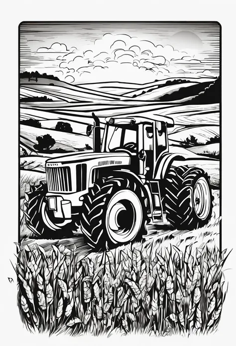 Coloring page for kids, tractor, The tractor stopped in the wheat field. , The setting sun is in the background, casting a warm glow over the scene, vectorstyle, Black and white, White background, 7.5x10