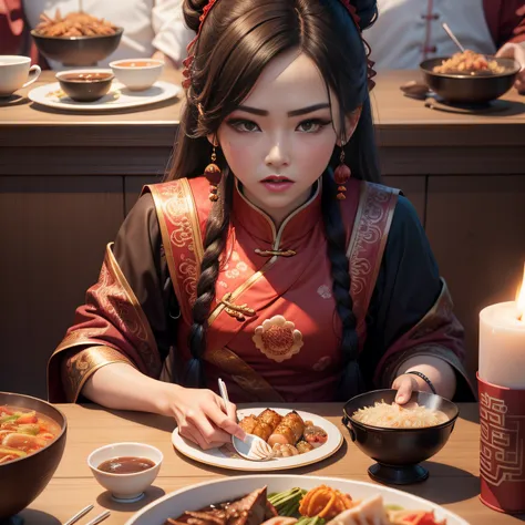 tmasterpiece，A high resolution，8K，CG animation，Detailed facial expressions，The family was eating，Chinese cuisine，At meal