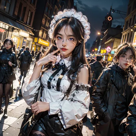 Faraway view，1 girl，Wearing a lolita costume，Night view of the city in winter