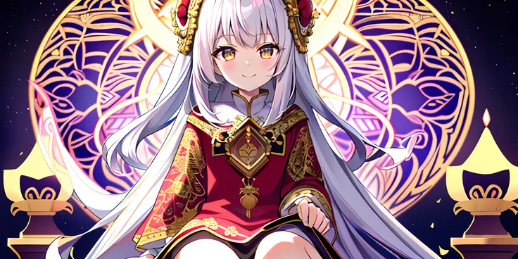 教皇 full body,on a scepter,Sit on the throne,((robe with an intricate pattern)),(1 girl)，(solo),(cute anime face),golden eyes,white hair,Long hair, smile,halo,(sit on the low throne),in magnificent castle,