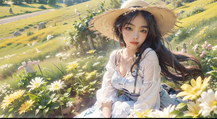 SENSE OF CINEMA，Natural environmental landscape，springtime，Yamanonaka，fresh flowers，The wind blew her long hair and dress，She wears a straw hat