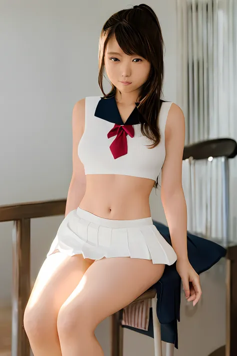 taken with canon 5d mk4, There is a woman sitting with her legs stretched in a surreal schoolgirl uniform,White mini skirt、Sleeveless、Beautiful belly button、Beautiful camel toe、Beautiful bust、Panties are visible、Sitting in a position where you can see your...