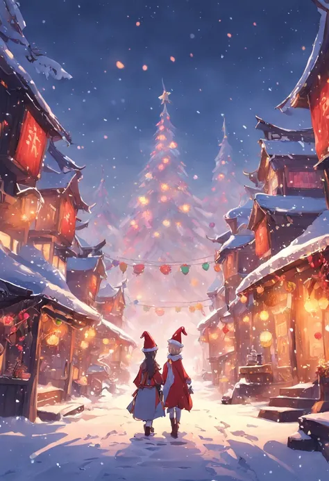 *Image*: breathtaking scenery, snow-covered plateau,enchanted villages,colorful lights.Two, elves , build a giant snowman, sunglasses,pirate hat....