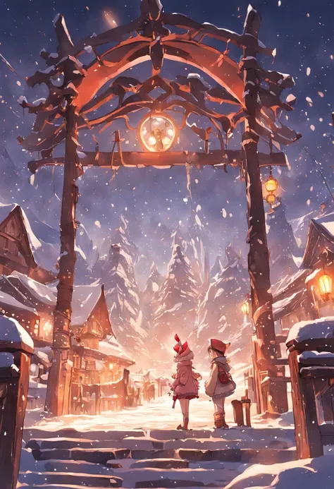 *Image*: breathtaking scenery, snow-covered plateau,enchanted villages,colorful lights.Two, elves , build a giant snowman, sunglasses,pirate hat....