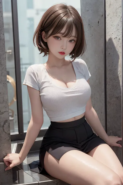 Top image quality、Raw photography、超A high resolution、An 18-year-old woman、Shooting for one person only、modelshoot、big round chest、cleavage of the breast、tshirts、Wearing a black skirt、Beautiful Eyes of Details、very elongated eyes、Beautiful eyelashes、Beautif...