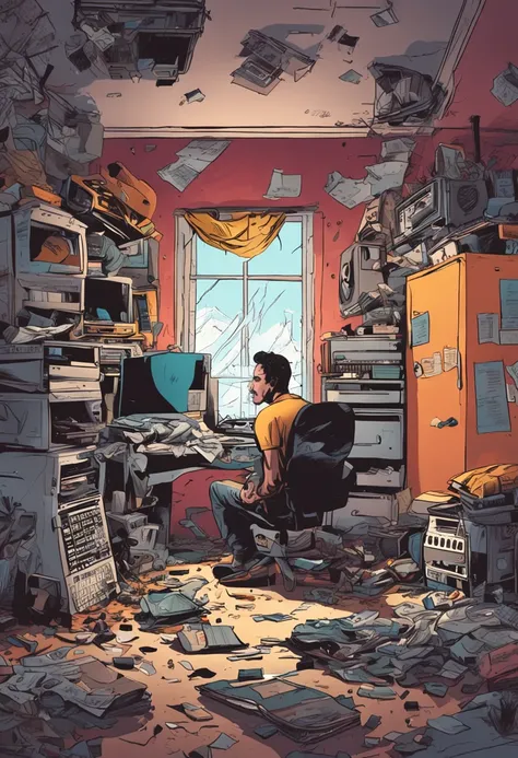 Man playing on the computer in a very messy room