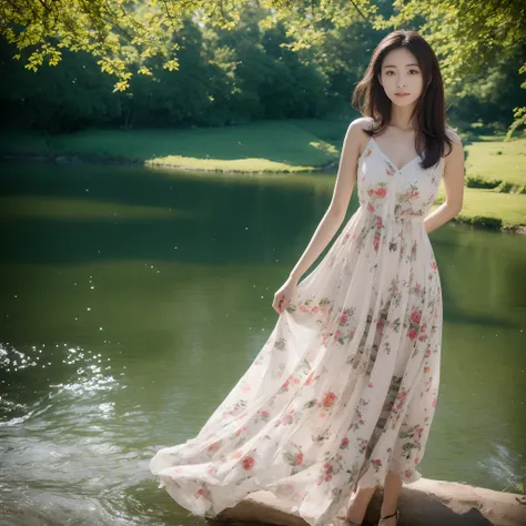 A beautiful woman by the river，Wearing a floral dress，Chest hyperexcion，Shameful