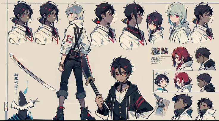 1man, reference sheet, (fantasy anime character design, front angles, back angles) swordsman 1. Handsome-looking anime man dressed in urban clothing like a black hoodie, black jeans, loosely fitted, and suited for both sword play and casual wear. Outfit is...