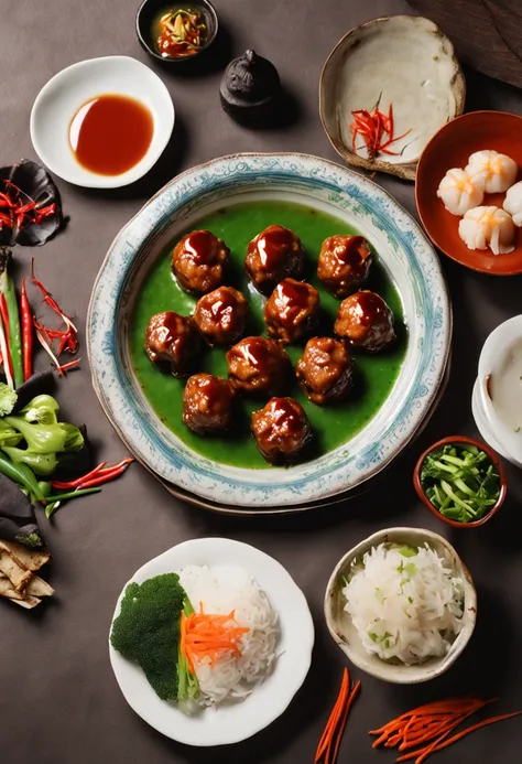 There is a plate of Shiki balls，Top with sauce and vegetables, in style of pan ren wei, daoshu, delicacy, sichuan, Wang Chen, in style of ruan jia, qiangshu, Shiki Maruko, shogakukan, shaxi, kakejiku, Chinese