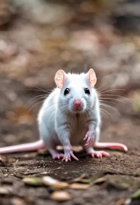 The rat is small and cute, with a white coat soft as cotton. His eyes are big and bright, conveying a charming sweetness and innocence. Their ears are long and droopy, giving it a lovely look. O coelhinho tem um focinho rosado e pequenas patinhas que se mo...