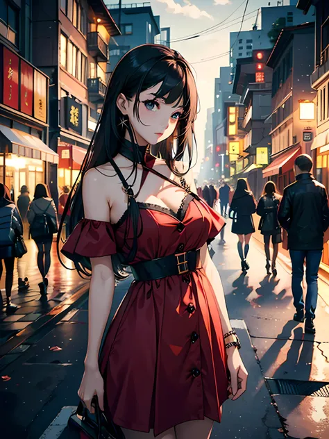 femele，Kizi，a beauty girl，goddes，solo person，Hair over the shoulder，brunette color hair，Summer dress，the night，street，cyber punk perssonage，Best image quality，Works of masters，Higher quality，high detal，超高分辨率，8K分辨率，exquisite facial features，s the perfect fa...