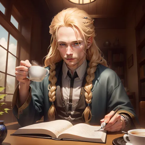 Man with honey blonde hair with long braids and a black jacket holding a cup of coffee sitting at a table, fantasy genre portrait, retrato do livro do RPG, Retrato de um jovem mago elfo, assistente senta-se lendo em uma mesa, caleb from critical role, Um r...