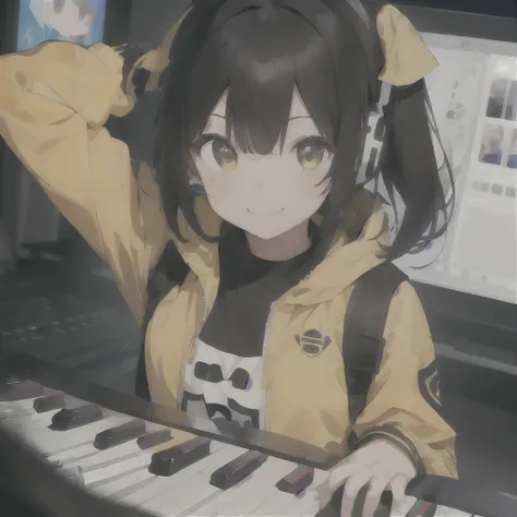 (1 girl、A dark-haired、straight haired、hair adornments、ssmile、A smile、small tits、cute  face)、Yellow jacket、Black pants、full body Esbian、camera view、Turntables on both sides of the mixer console、​masterpiece、top-quality、nffsw、Portrait with headphones on the ...