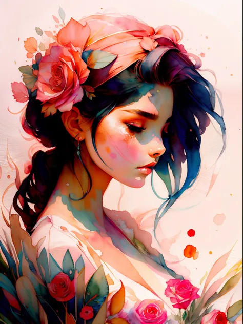 wtrcolor style, (rose) digital art, official art, blown by the wind, masterpiece, beautiful, ((watercolor)), paint splatter, intricate detail. Great detail, [dripping:0.7], Trending on Artstation, Rachel Walker