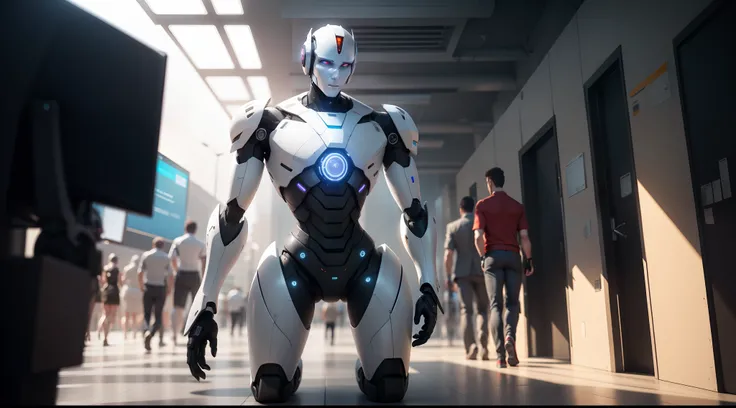 realistic futuristic smart white color, male robot with human crowed, in public place, blender, highly rendered, high definition Ai Robot, in office, with futuristic, virtual touch screen computer, full body view, technology, sharp focus, photography, 8k,