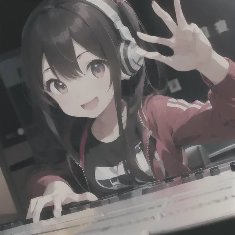 (1 girl、A dark-haired、straight haired、hair adornments、ssmile、A smile、small tits、cute  face)、Red jacket、Black pants、full body Esbian、camera view、Turntables on both sides of the mixer console、​masterpiece、top-quality、nffsw、Portrait with headphones around the...