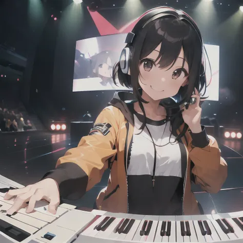 (1 girl、A dark-haired、straight haired、hair adornments、ssmile、A smile、small tits、cute  face)、Orange jacket、Black pants、full body Esbian、camera view、Turntables on both sides of the mixer console、​masterpiece、top-quality、nffsw、Portrait with headphones around ...