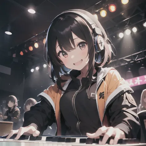 (1 girl、A dark-haired、straight haired、hair adornments、ssmile、A smile、small tits、cute  face)、Orange jacket、Black pants、full body Esbian、camera view、Turntables on both sides of the mixer console、​masterpiece、top-quality、nffsw、Portrait with headphones around ...