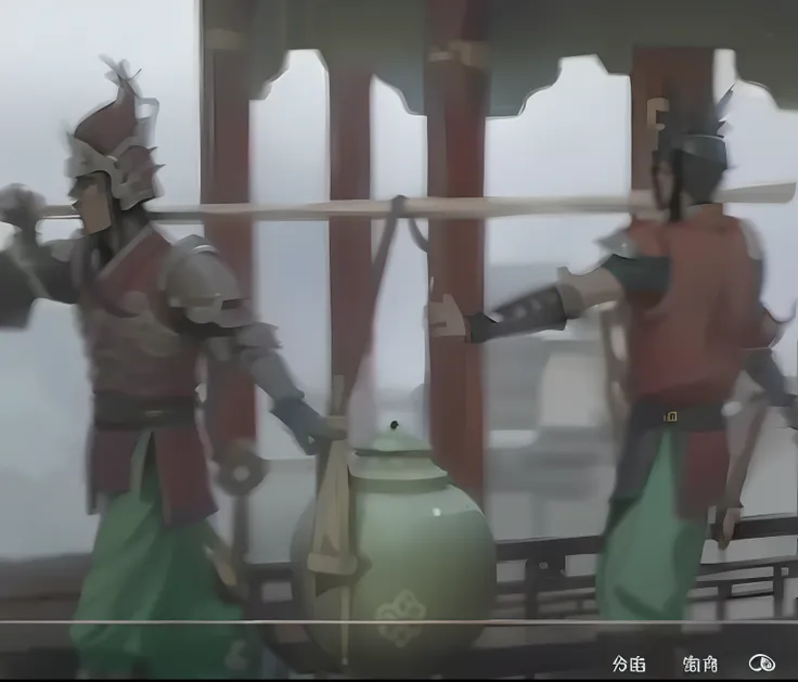 Two men wearing ancient Chinese armor, the man in the image of Tiangong Lushi has Chinese armor on his waist and a Chinese helmet, and together they use a wooden stick to carry a water tank, Chinese style, realistic style, rich details, full body, side to ...