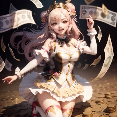 Female idol covered in banknotes and coins（Cute costumes）、Looks happy、full body Esbian、a gorgeous