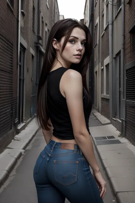 A photo ((portrait)) of a young woman standing in a back alley, looking at the viewer. long hair, thin lips, red, flirting with the camera. Wearing dark jeans and a black T-shirt.