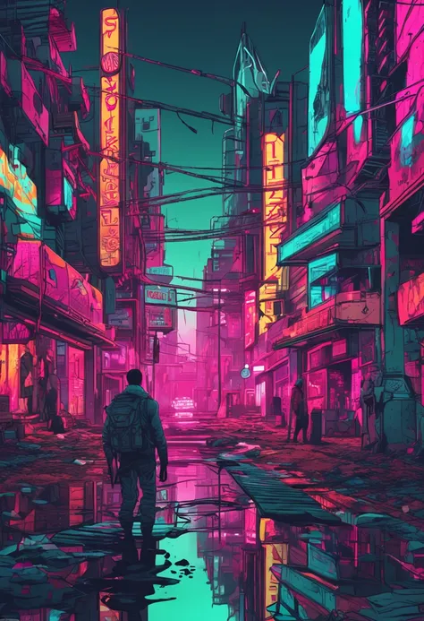 Art estilo neoTokio, buildings and street with plenty of neon, signs and reflections on the floor, estilo cyberpunk