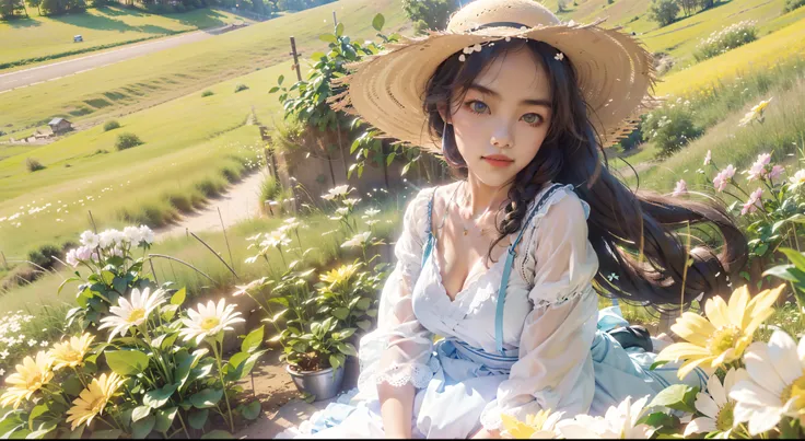 SENSE OF CINEMA，Natural environmental landscape，springtime，Yamanonaka，fresh flowers，The wind blew her long hair and dress，She wears a straw hat