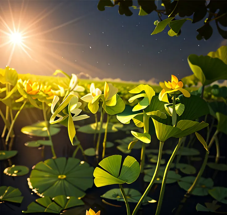 Masterpiece, Extremely detailed Cg Unity 8K wallpaper, offcial art, Realistic:1.2, Solo, Lotus pond, Summer, Clean, Moist, Best quality, ginkgo leaf, Sunshine, Grand scene, Side view