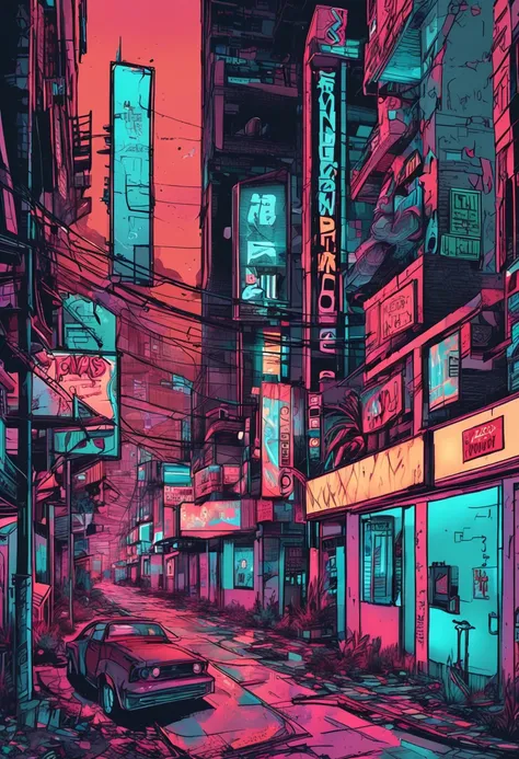 Art estilo neoTokio de noite, buildings and street with plenty of neon, signs and reflections on the floor, estilo cyberpunk , carros voadores e guarda-chuvas