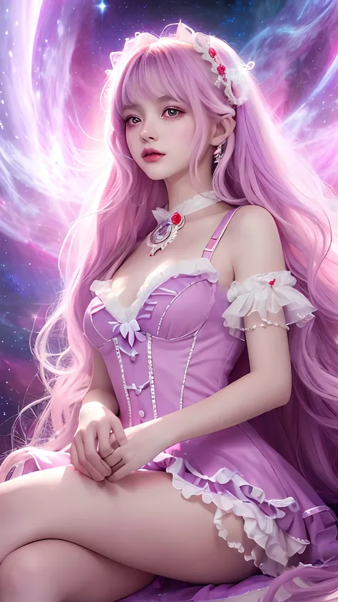 4K Ultra HD, Masterpiece, A girl with a magical aura, Good face, Long hair, shinny hair, Detailed eyes, Glossy lips, Wearing a red Lolita costume, The aura around the body, Magical effect, Spread white light, Cosmic elements and ethereal atmosphere, A mix ...