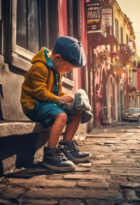 a little boy is polishing a gentle means shoes in street they are  in city nice weathewr ,