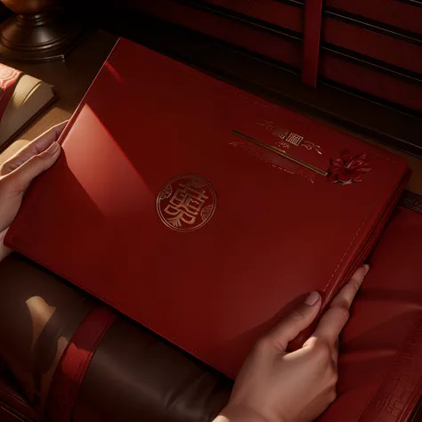 luxury journal cover, Red plush leather cushion tabletop, Book in hand, Chinese style, cover shot