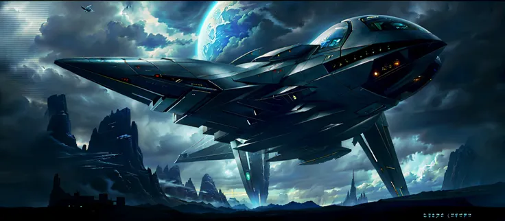 Close-up of a spaceship flying in a cloudy sky, cinematic scifi shot, an epic space ship scene, spaceship in background, Dark ( Spaceship ), in a scifi movie, spaceship flies in the distance, alien space ship flying in space, depicted as a scifi scene, sci...