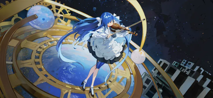 Blue hair Wearing white skirt Girl Universe and Earth Stand on the time plate and play the violin