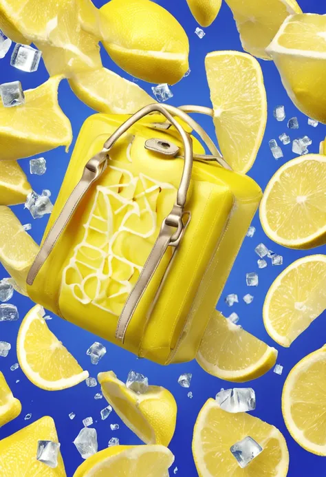 Square bags，There are two slices of lemon and a little ice cubes in the lemonade，rendering，the background is clean，commerciaphotography