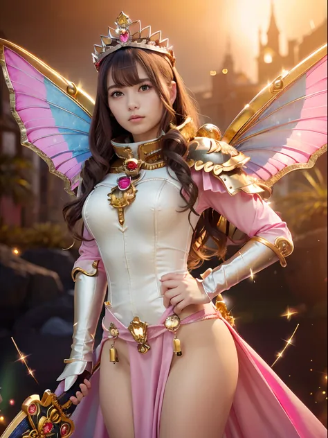 (masutepiece), Professional , ​masterpiece、top-quality、photos realistic , depth of fields （Gemstone Silver Metal Body:1.９),(Matte Pink、Jewel Gold Weapon、（Gorgeous castle background）、（ultimate beauty girl）、（Rainbow fairy wings grow）、Particles of light、（Jewe...