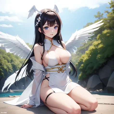 Two white wings grow from the back、Naughty face、cranny々The face is beautiful、japanes、Women in Their 20s、high-level image quality、Top image quality、cute little、blue-sky、Nice weather、1 female、ample breasts、White dress、being thin、Have sex appeal、A dark-haired...