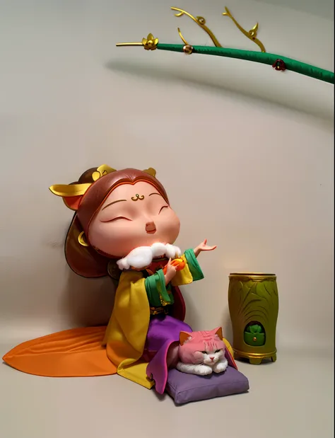 Blind box toy style，A kneeling Tang Dynasty woman and a cat covered with a quilt，Elongated danphoenix eyes，Golden hairpin，Green cape，Sleeping orange cat，A plum blossom，A stove，pillow head，Hua Dian，Pretty Women