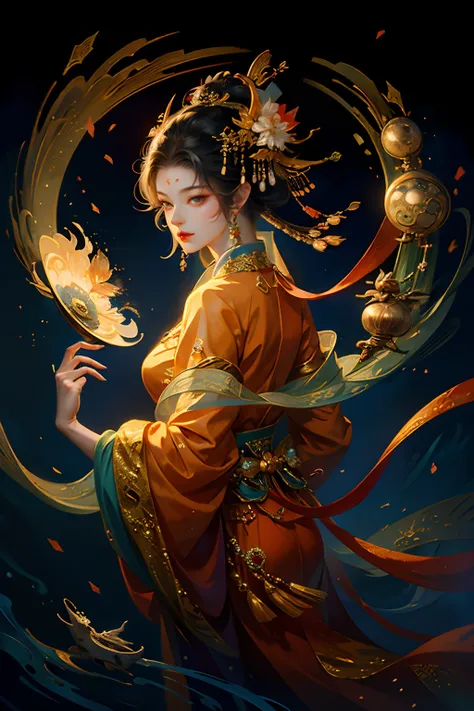 (Best quality, Masterpiece:1.2), (offcial art, Extreme detail), 1girll,A goddess, Chinese costume, Hanfu, Headwear, Hair accessories, Earrings, jewelry,Fairyland on earth, Soft light, Tradition Chinese Ink Painting,