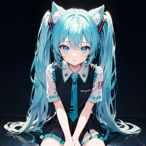 One girl, blue-haired Hatsune Miku sitting on the floor with her hands on the floor and being stroked with a cute expression, uniform, Hatsune Miku, soft anime illustration, light blue, moe, pixiv style, pixiv, dark and stark room with light shining from t...