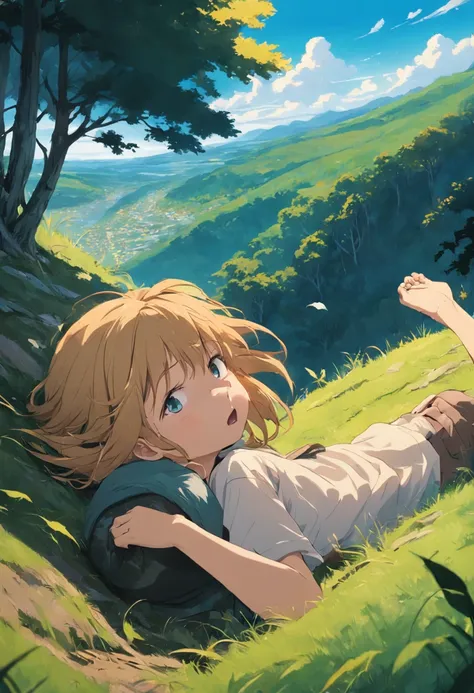 A teenager is lying on a hillside, dogtail in his mouth, looking into the distance, the breeze blowing, and the trees falling.